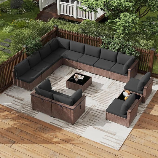 KIGOTY 14-Piece Patio Furniture Set, All-Weather PE Rattan Outdoor Sectional Sofa, Modular Wicker Conversation Set with Thick Cushions & Easy-Clean Coffee Table（Brown/Dark Grey）