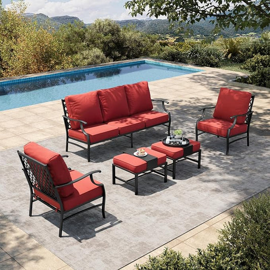 HERA'S HOUSE 5 Piece Patio Furniture Set, 2 x Leg Chair, 2 x Ottoman, 1 x 3-Seat Sofa, All Cushioned 7 Seats Metal Outdoor Conversation Set for Lawn Garden Backyard