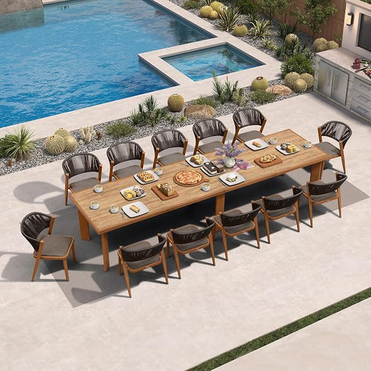PURPLE LEAF 13-Piece Patio Dining Set Outdoor Furniture Rectangular Table and Chairs Set with Aluminum Frame and Teak-Finish for Garden Deck Backyard Kitchen Deep Teak Outdoor Set