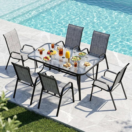 MAMIZO 7 Pieces Patio Dining Set for 6, Outdoor Table and Chairs w/Rectangle Glass Table and 6 Textilene Stackable Chairs, Patio Furniture Set w/1.69" Umbrella Hole (Black Table & Grey Chair)