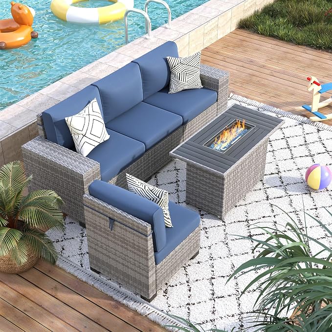 5 Piece Patio Furniture Set with Fire Pit Table, Outdoor Conversation Sets Grey Wicker Rattan Sectional Sofa, 4'' Thickened Cushion Navy Blue