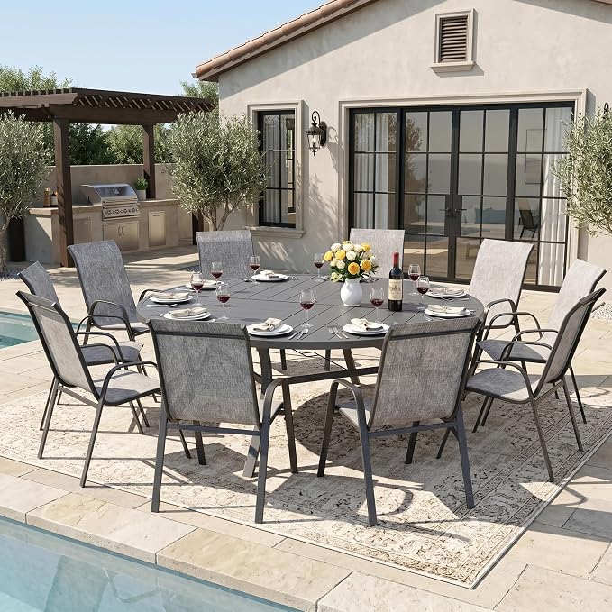 DIFY 11 Piece Outdoor Dining Set, 63" Round Metal Dining Table and Textilene Stackable Patio Chairs, Patio Table and Chairs Set for 10 with Umbrella Hole for Backyard Garden Deck, Grey