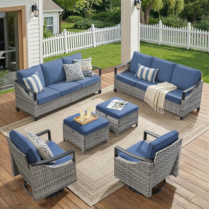 6 Piece Wicker Patio Furniture Sets-High Back Wicker Swivel Rocker Patio Chairs Set of 2 with Thick Cushions Ottomans, Outdoor Sofa, Patio Conversation Sets for Porch Balcony Patio Deck Grey/Blue