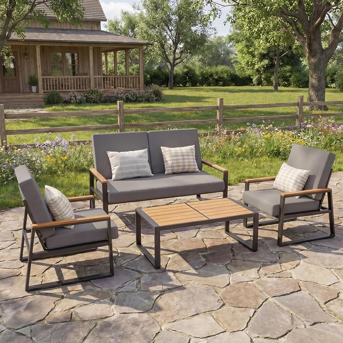 Gizoon 4-Piece Outdoor Patio Furniture Set with Coffee Table and Removable Cushions, Metal Patio Conversation Set for Family, Yard, Poolside (Gray)