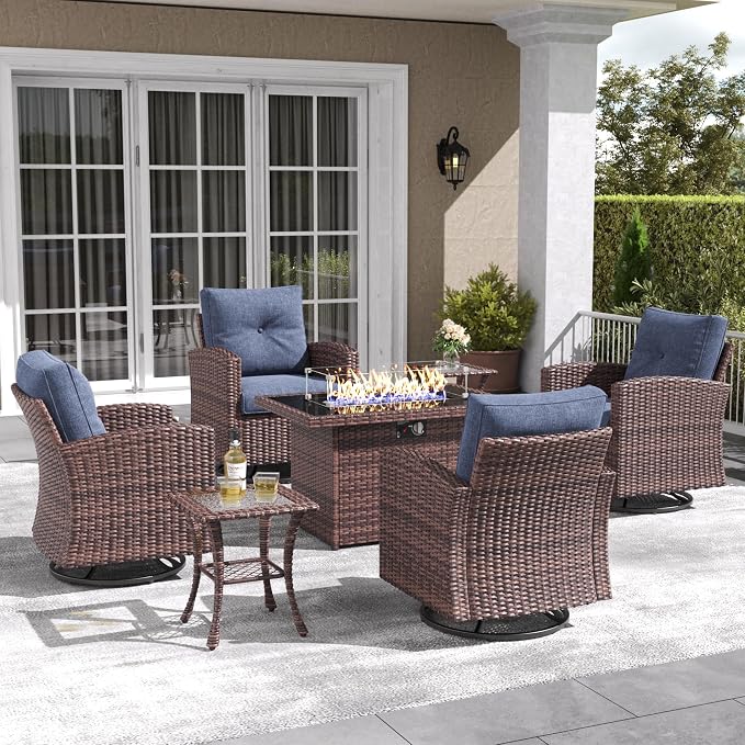 LayinSun 7 Pieces Patio Furniture Set with Swivel Chairs, Rattan Wicker Rocking Glide Chairs with 44" Propane Gas Fire Pit Table Conversation Set