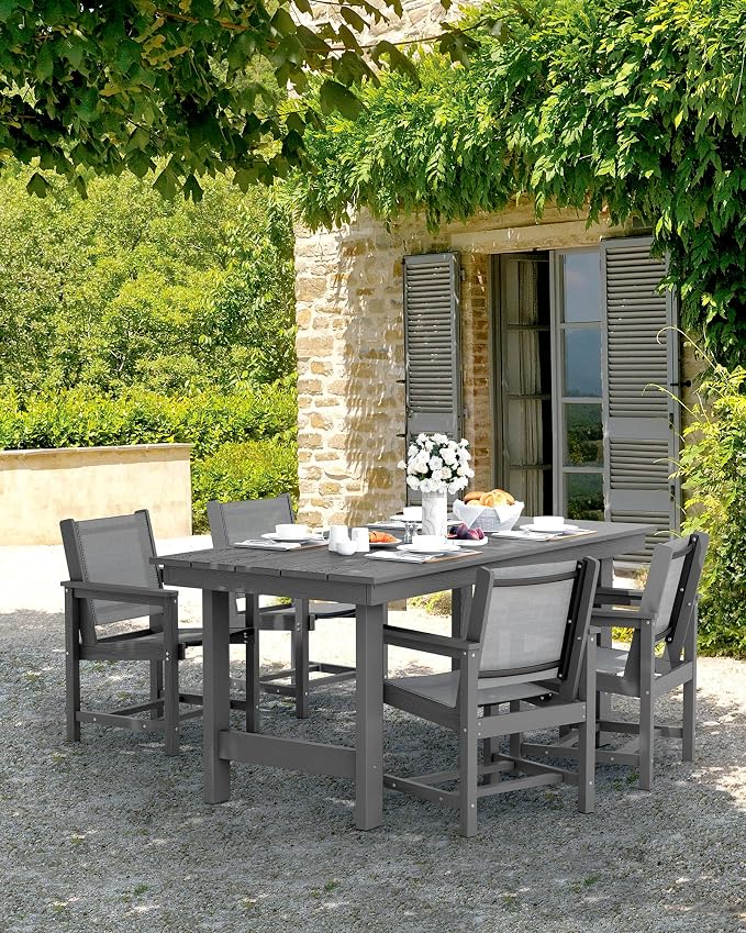 SERWALL 5 Pcs HDPE Patio Dining Set with 1 Table & 4 Woven Chairs, Black | HDPE Outdoor Dining Set with Rectangular Table & 4 Woven Chairs, All-Weather Patio Dining Furniture