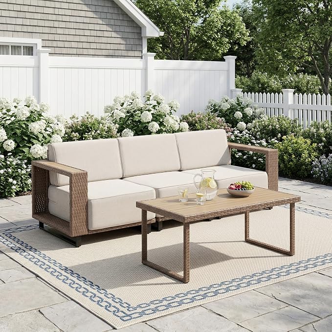 Bonzy Home 2 Piece Patio Furniture Set, 3 Seater Couch with Rattan Side Table and Extra-Thick Soft Cushions, Patio Conversation Sofa Sets for Porch, Garden Poolside Balcony