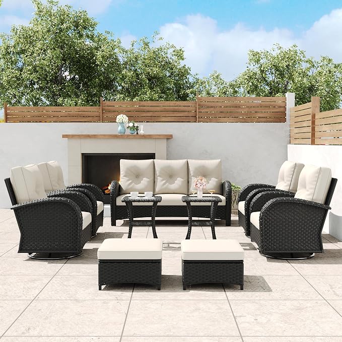 9 Pieces Outdoor Wicker Patio Swivel Rocking Chairs, All Weather Wicker Conversation Set with Side Table
