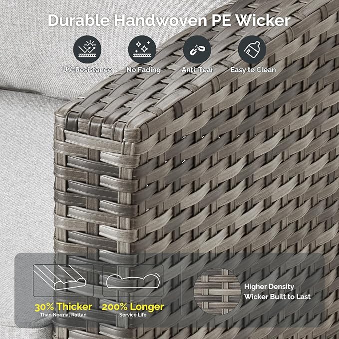 4 Piece Wicker Patio Furniture Set with Solar Table, Gray | Outdoor Deep Seating Sofa Chair, Solar Lights Table, All Weather Rattan, Modern Conversation Set, Porch Deck Backyard