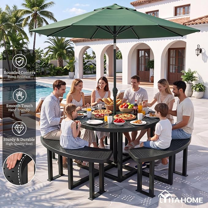 YITAHOME 38" Round Metal Picnic Table with Umbrella Hole, Q235 Carbon Steel Heavy Duty Outdoor Table, Black Industrial Patio Set for Backyard, Park, and Lawn