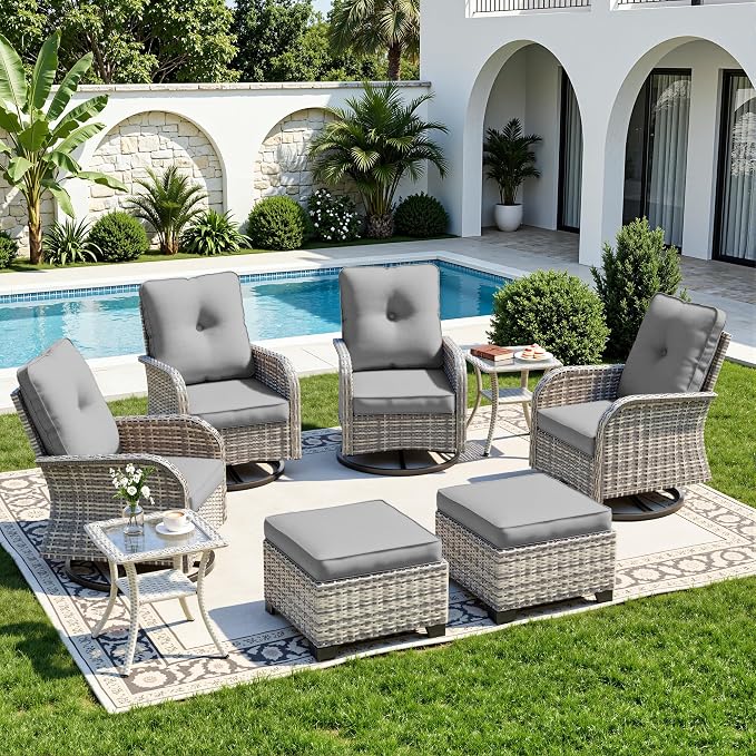 8-Piece Small Patio Furniture Set, Outdoor Swivel Rocking Chairs Set with Ottomans, Patio Bistro Set for Balcony, Deck, Porch, Grey