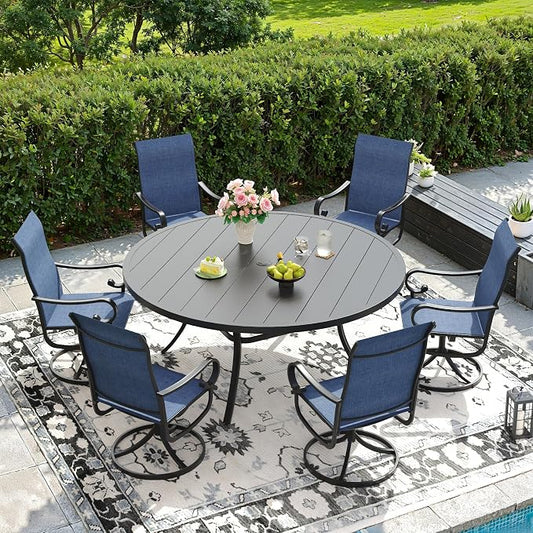 DIFY 7 Pieces Outdoor Dining Set for 6, Outdoor Furniture Set of 6 Blue Textilene Swivel Patio Chairs, 53" Black Round Metal Dining Table with Umbrella Hole, for Garden Deck Backyard