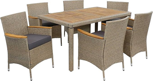 Sunnydaze Foxford 7-Piece Rattan and Acacia Outdoor Dining Set - 1 Table and 6 Chairs with 6 Thick Seat Cushions