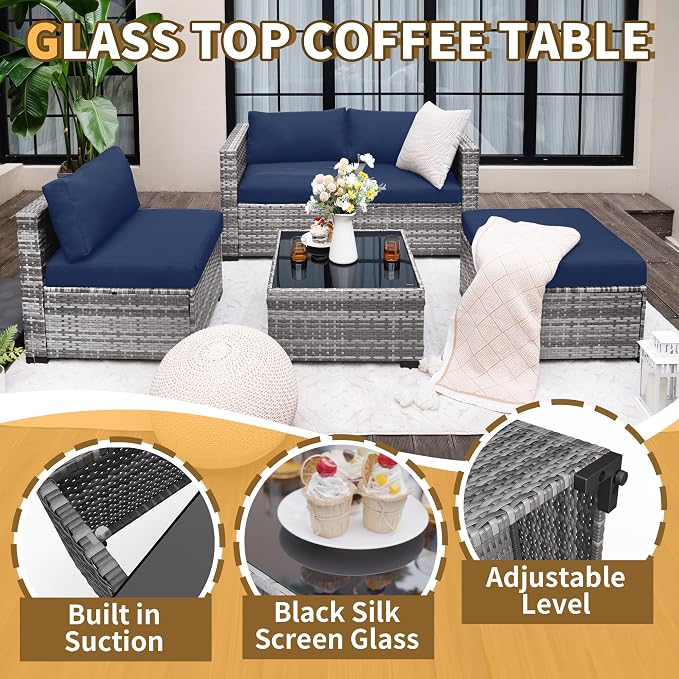 UDPATIO 5 Piece Patio Furniture Set, All-Weather Wicker Outdoor Sectional Sofa, L Shaped Outdoor Conversation Couch with Ottoman, Glass Table for Balcony Porch Backyard, Blue 5PCS