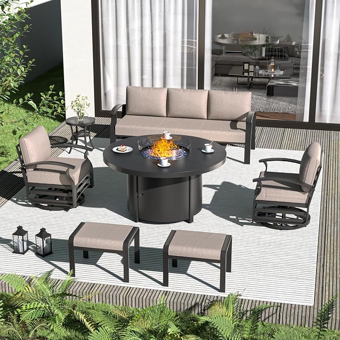 ALAULM Aluminum Patio Furniture Set with Coffee Table Rectangular, 5-seat Outdoor Sectional Furniture w/2 Swivel Chairs, Patio Conversation Set for Porch, Backyard, Sand