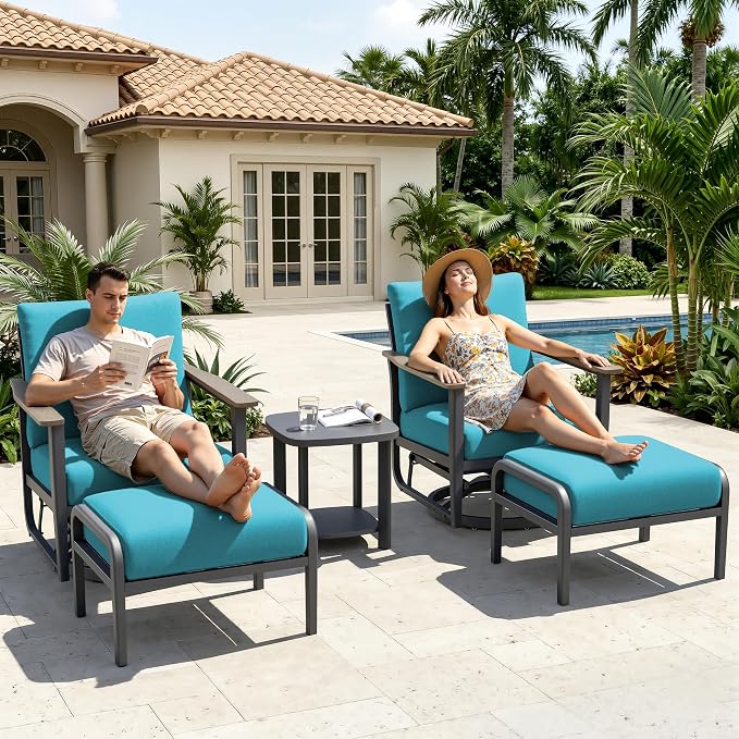 Aluminum Patio Swivel Rocking Chair Outdoor Bistro Set with Ottomans, 5PCS Patio Conversation Set Outdoor Patio Furniture Set with High Backrest & Thickened Cushions for Garden, Turquoise