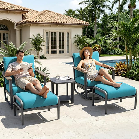 Aluminum Patio Swivel Rocking Chair Outdoor Bistro Set with Ottomans, 5PCS Patio Conversation Set Outdoor Patio Furniture Set with High Backrest & Thickened Cushions for Garden, Turquoise