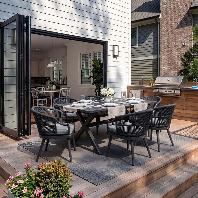 PURPLE LEAF 7 Pieces Outdoor Dining Set All Weather Wicker Patio Dining Set with Rectangular Aluminum Table and Modern Armrest Dining Chairs for Garden Deck Backyard Kitchen, Grey