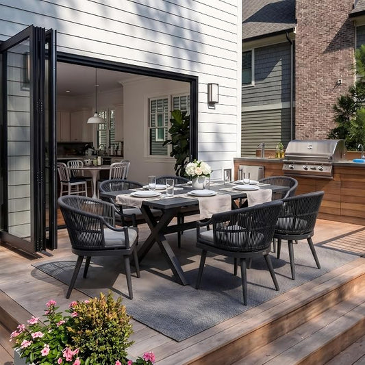 PURPLE LEAF 7 Pieces Outdoor Dining Set All Weather Wicker Patio Dining Set with Rectangular Aluminum Table and Modern Armrest Dining Chairs for Garden Deck Backyard Kitchen, Grey