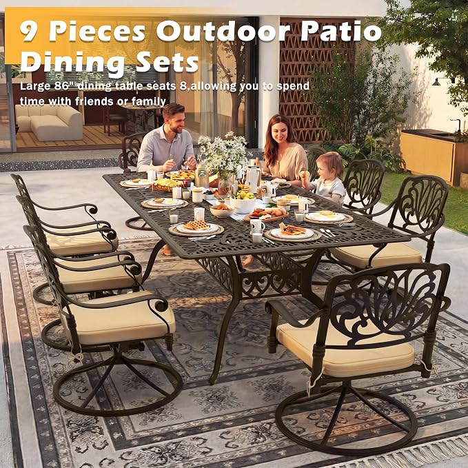 9-Piece Outdoor Dining Set, Retro Bronze Cast Aluminum Patio Furniture Include 86.6" Rectangle Table and 8 Fixed Chairs with Cushion and Umbrella Hole for Patio Deck Garden