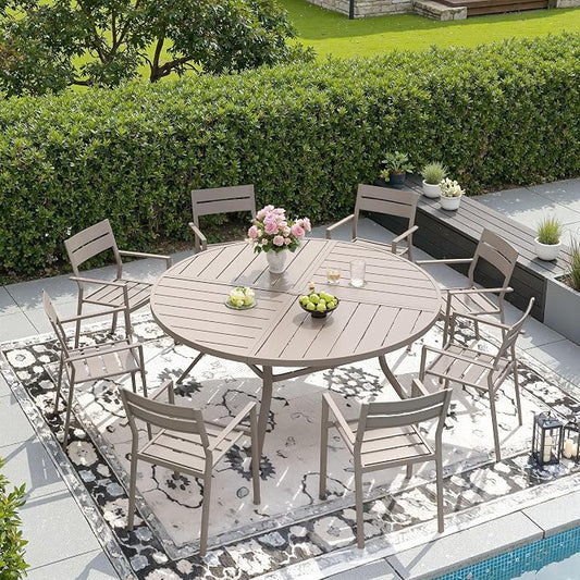 DIFY 9 Piece Outdoor Patio Dining Set for 8, 53.1" Round Dining Table with Umbrella Hole and Stackable Metal Chairs, Patio Table and Chairs Set for Backyard Garden Poolside, Sandshell