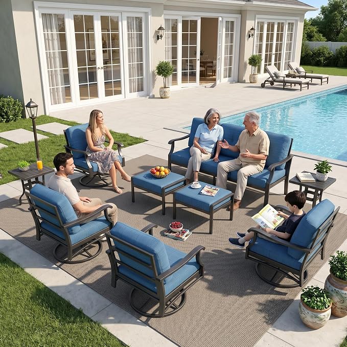 9 Piece Patio Conversation Set, Outdoor Metal Furniture Set w/Rocking Swivel Chairs, 3-Seat Sofa, Ottomans and Coffee Side Table, 5" Thickened Cushions for Backyard, Poolside, Blue