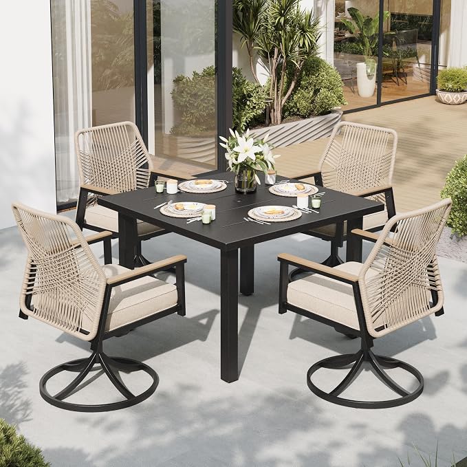 Patio Dining Set 5 Piece, 4 x Woven Rattan Swivel Chairs with Waterproof Cushion, 34.2" Square Metal Dining Table with Umbrella Hole, Outdoor Table and Chairs Set for Backyard Lawn and Deck, Beige