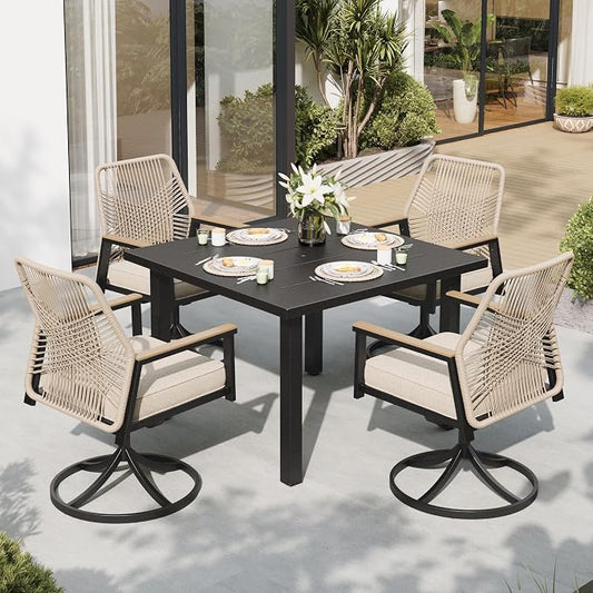 Patio Dining Set 5 Piece, 4 x Woven Rattan Swivel Chairs with Waterproof Cushion, 34.2" Square Metal Dining Table with Umbrella Hole, Outdoor Table and Chairs Set for Backyard Lawn and Deck, Beige