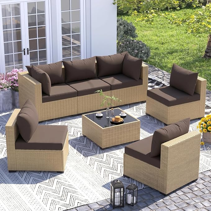 UDPATIO Furniture Set, 7 Piece Sectional Sofas with Wicker Coffee Table, Conversation for Garden, Backyard, Yellow/Brown