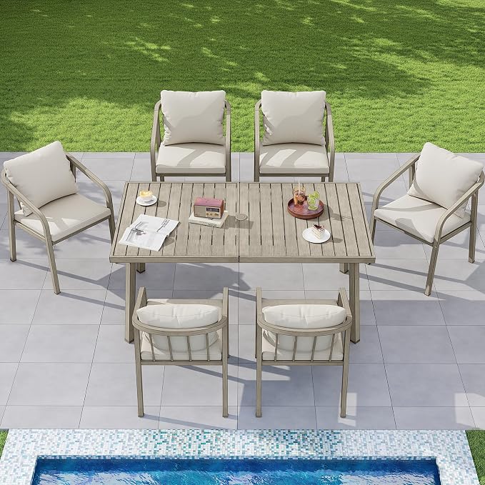 63"x35" Never-Rust Aluminum Outdoor Dining Table – Rectangular Patio Table for 6 with Umbrella Hole, Heavy Duty All-Weather for Poolside, Garden, Backyard, Porch, Deck, Gray Oak