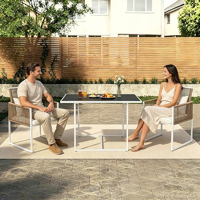 3PC Wicker Patio Dining Bistro Set for 2, All Weather Outdoor Use | Foldable Backrest, Cozy Cushions & Glass Tabletop, Space-Saving, Small Patio Set for Backyard, Balcony, Poolside, Natural