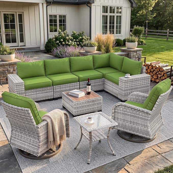 9-Piece Outdoor Patio Furniture Set with Rocking Swivel Chair Wicker Sectional Sofa Set, Patio Conversation Set with Thickened Cushions & Coffee Table for Garden, Backyard, Avocado Green
