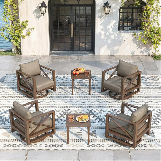 Aluminum Outdoor Patio Furniture Set with Swivel Chairs, 9-Piece Outdoor Sectional with 5.2" Thick Cushions, Patio Conversation Sets for Backyard,(Brown,6 Seats)