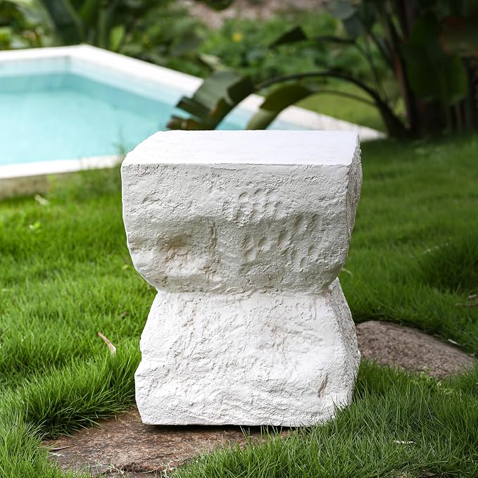 Christopher Knight Home Nataly 18.5" H Small Outdoor Side Table, Hourglass-Like Shape Carved Garden Stool, Lightweight Concrete End Table, Patio Decorative Home Stool for Balcony Backyard, White
