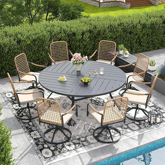 DIFY 9 Pieces Outdoor Dining Set, Metal Patio Table and Chairs Set for 8, 63" Round Dining Table with Umbrella Hole & Wicker Swivel Patio Chairs with Cushions, Grey Tabletop