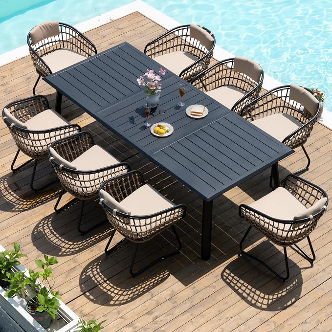 Pellebant 9-piece Outdoor Dining Set for 6-8 Person - Weather-Resistant Patio Dining Furniture Set, 94" Aluminum Outdoor Table with Umbrella Hole, Wicker Chair with Cushion for Deck, Porch, Backyard