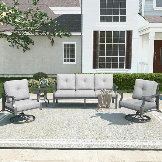 4 Piece Aluminum Patio Furniture Set, Metal Outdoor Conversation Set w/3-Seat Sofa, 2 Rocking Swivel Chairs, Side Table, Patio Bistro Set w/5" Thickened Cushions for Backyard, Poolside, Gray