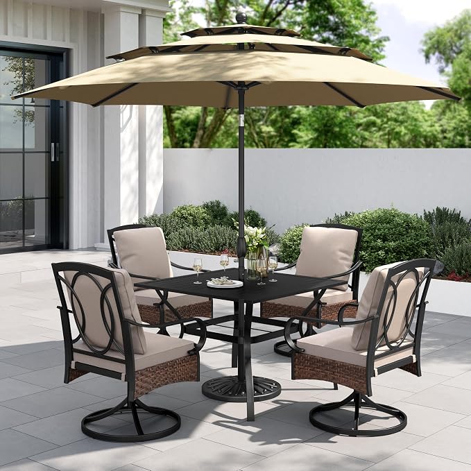 PHI VILLA 6-Piece Outdoor Dining Sets, All-Weather Patio Table and Chairs Set with Umbrella for 4, Heavy Duty Patio Table Set Square for Deck, 4 Extra Large Outdoor Swivel Chairs with Thick Cushions