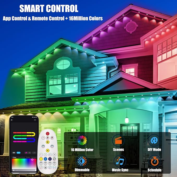 50FT Permanent Outdoor Lights with 30 Smart RGB LED Eave Lights, APP/Remote Control, IP67 Waterproof for House Roof, Eave, Garden, Outdoor Decorations, Christmas, Party Decor