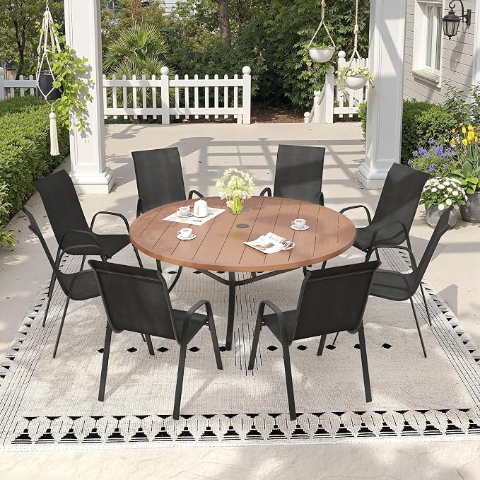 9 Pieces Outdoor Dining Set, 53" Round Table with Umbrella Hole & Stackable Patio Dining Chairs, Patio Table and Chairs Set for Deck Garden Porch, Black Chairs & Walnut Table
