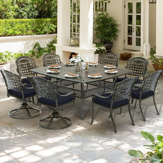 SOCIALCOMF 9-Piece Patio Cast Aluminum Dining Set, Outdoor Table and Chairs Set for 8, Includes 64" Large Square Dining Table, 6 Stationary, 2 Swivel Dining Chairs with Umbrella Hole, Navy Blue