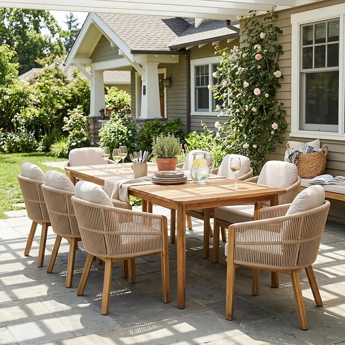 Christopher Knight Home Grotta 9 Piece Outdoor Dining Set, Acacia Wood Patio Dining Table Set with 8 Rope Weave Chairs Beige Cushions Rectangular Outdoor Furniture Set for Garden Patio Backyard