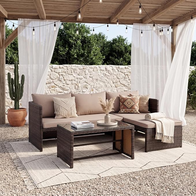 Tappio 3 Pieces Patio Furniture Sectional Sets, 3-Piece Outdoor PE Rattan Furniture Sets, Outdoor All-Weather PE Rattan Wicker Lawn Conversation Sets with Cushion and Glass Table