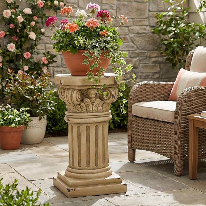 Merax 18.50" H Ionic Pedestal Plant Stand, MGO Decorative Pedestal Side Table for Indoor Outdoor Entryway Garden Home, Antique Yellow, No Assembly Needed