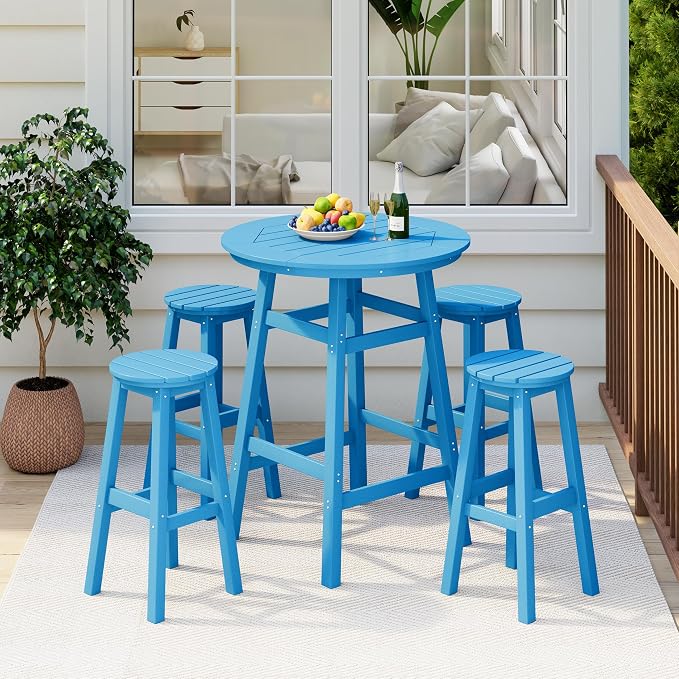 Costaelm Patio Bistro Table, 42" Counter Height Round Patio Cocktail Bar Table with Umbrella Hole, Outdoor Bistro Dining Pub Table for Front Porch Deck Backyard Garden, Pacific Blue
