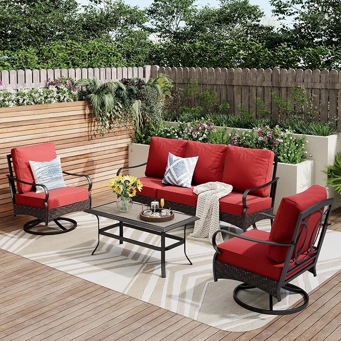 PHI VILLA Outdoor Modern Patio Furniture Set, Upgraded Wicker & Metal Patio Furniture Conversation Set with Waterproof Thick Cushions for Porch, Poolside, Yard (4 Pieces,Red)