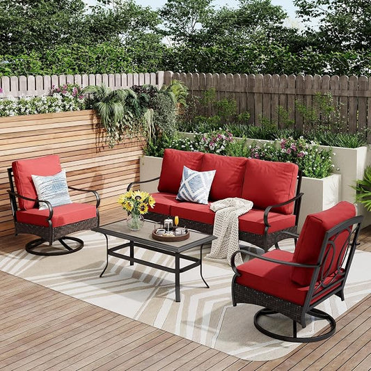 PHI VILLA Outdoor Modern Patio Furniture Set, Upgraded Wicker & Metal Patio Furniture Conversation Set with Waterproof Thick Cushions for Porch, Poolside, Yard (4 Pieces,Red)