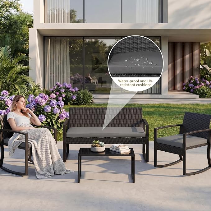 IDEALHOUSE Outside Patio Furniture Set, 4 Piece Outdoor Wicker Rocking Chair Conversation Set with Glass Coffee Table, PE Rattan Patio Furniture for Backyard, Porch, Patio, Poolside