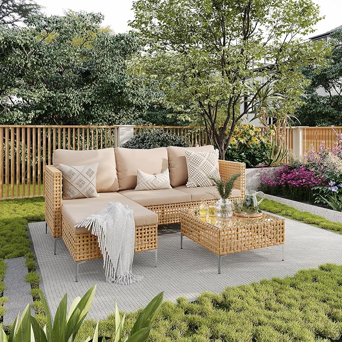 Small Outdoor Wicker Patio Furniture Set L-Shaped - Weather Resistant Wicker Sectional Chaise Sofa with Thick Cushions & Tempered Glass Coffee Table for Small Spaces, Balcony, Apartment