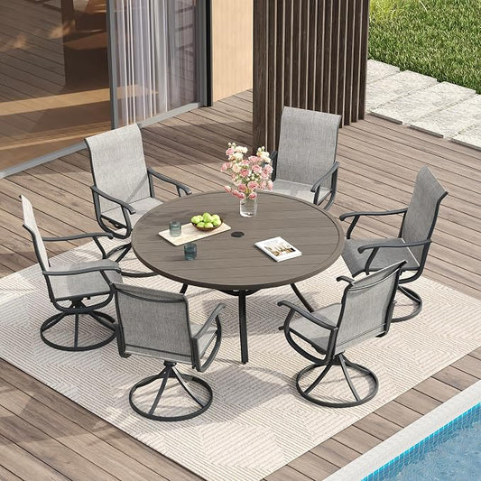 VICLLAX Patio Dining Set for 6, 7 Pieces Outdoor Furniture Includes 47.2" Round Patio Table with Umbrella Hole and 6 Outdoor Swivel Chairs for Lawn Garden, Grey Wood Grain Tabletop and Grey Fabric